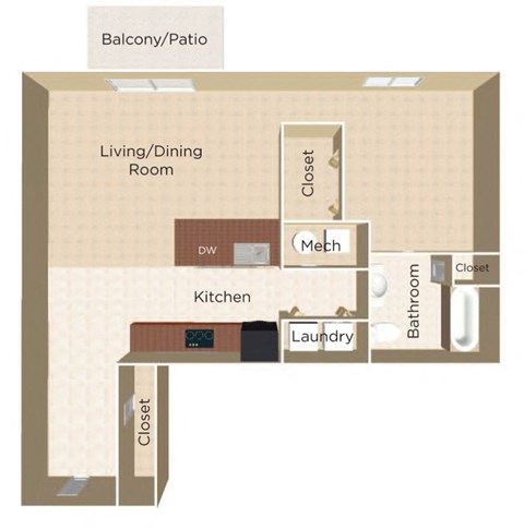 A floor plan of a home showing a living room, kitchen, and bathroom.
